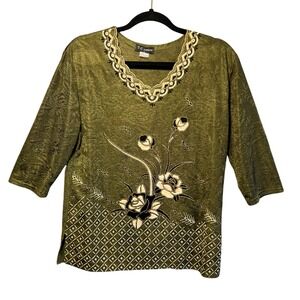 Vintage T-C Fashion Olive Green Floral Textured Top Womens L Boho